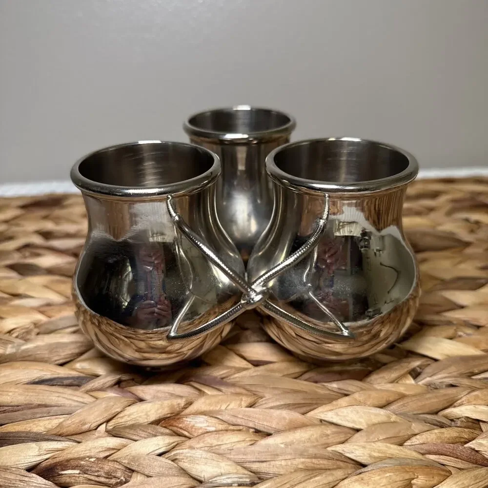 Vtg Set 3 Silver Tone Metal Bud Vases Rigid Intertwined Rope Handles MCM Decor